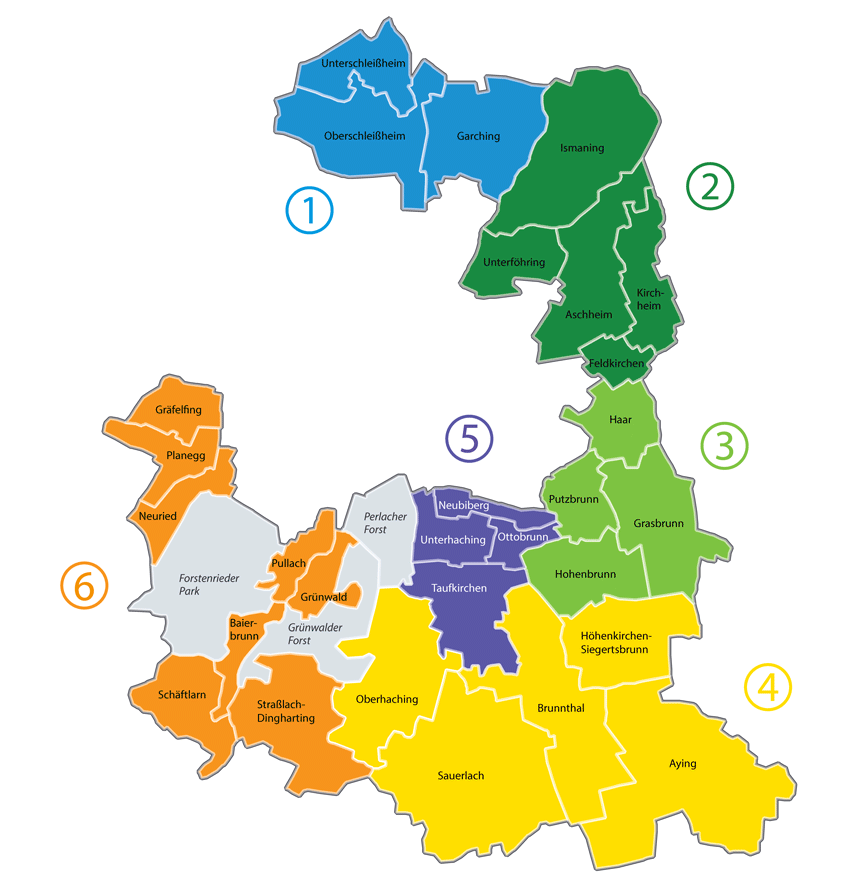 Karte: Die Regionen und ihre Kommunen im Landkreis München