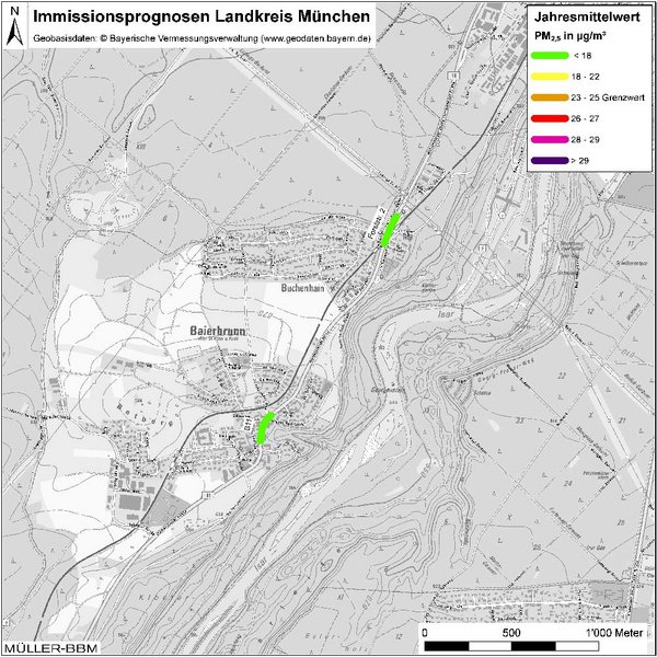 Karte: Immissionsprognosen Landkreis München, Luftqualität Baierbrunn, Jahresmittelwert Feinstaub (PM2,5)