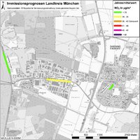 Karte: Immissionsprognosen Landkreis München, Luftqualität Garching, Jahresmittelwert Stickstoffdioxid
