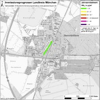 Karte: Immissionsprognosen Landkreis München, Luftqualität Oberschleißheim, Jahresmittelwert Feinstaub (PM10)