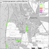 Karte: Immissionsprognosen Landkreis München, Luftqualität Unterhaching, Jahresmittelwert Feinstaub (PM10)