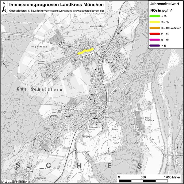 Karte: Immissionsprognosen Landkreis München, Luftqualität Schäftlarn, Jahresmittelwert Stickstoffdioxid