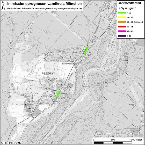 Karte: Immissionsprognosen Landkreis München, Luftqualität Baierbrunn, Jahresmittelwert Stickstoffdioxid