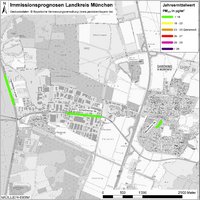 Karte: Immissionsprognosen Landkreis München, Luftqualität Garching, Jahresmittelwert Feinstaub (PM2,5)