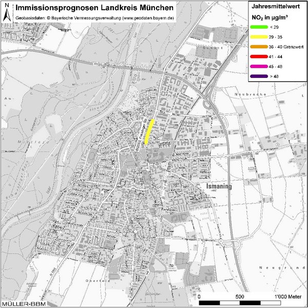 Karte: Immissionsprognosen Landkreis München, Luftqualität Ismaning, Jahresmittelwert Stickstoffdioxid