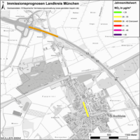 Karte: Immissionsprognosen Landkreis München, Luftqualität Aschheim, Jahresmittelwert Stickstoffdioxid