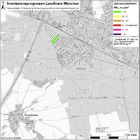 Karte: Immissionsprognosen Landkreis München, Luftqualität Grasbrunn, Jahresmittelwert Feinstaub (PM10)