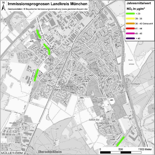 Karte: Immissionsprognosen Landkreis München, Luftqualität Unterschleißheim, Jahresmittelwert Stickstoffdioxid