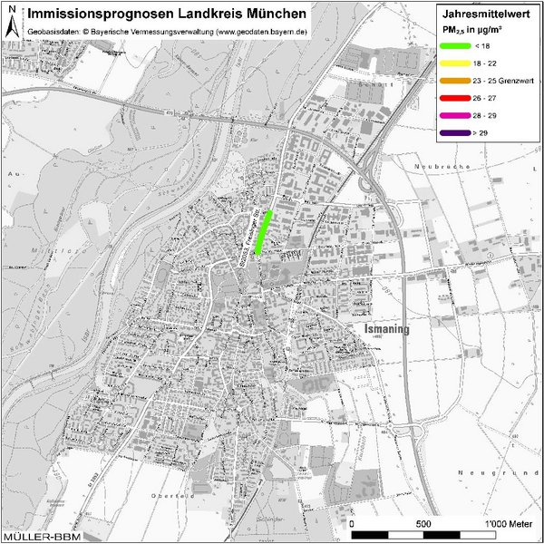 Karte: Immissionsprognosen Landkreis München, Luftqualität Ismaning, Jahresmittelwert Feinstaub (PM2,5)