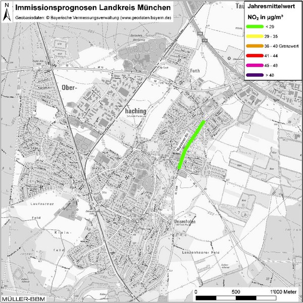 Karte: Immissionsprognosen Landkreis München, Luftqualität Oberhaching, Jahresmittelwert Stickstoffdioxid