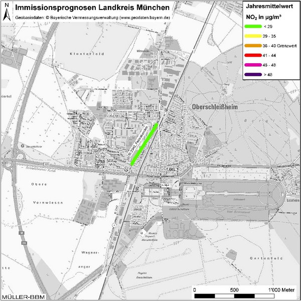 Karte: Immissionsprognosen Landkreis München, Luftqualität Oberschleißheim, Jahresmittelwert Stickstoffdioxid