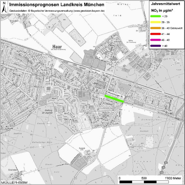 Karte: Immissionsprognosen Landkreis München, Luftqualität Haar, Jahresmittelwert Stickstoffdioxid
