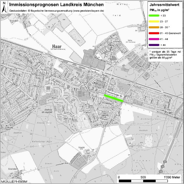 Karte: Immissionsprognosen Landkreis München, Luftqualität Haar, Jahresmittelwert Feinstaub (PM10)
