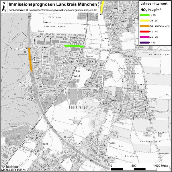 Karte: Immissionsprognosen Landkreis München, Luftqualität Taufkirchen, Jahresmittelwert Stickstoffdioxid