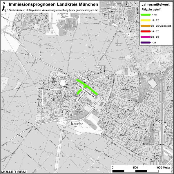 Karte: Immissionsprognosen Landkreis München, Luftqualität Neuried, Jahresmittelwert Feinstaub (PM2,5)