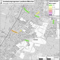 Karte: Immissionsprognosen Landkreis München, Luftqualität Planegg, Jahresmittelwert Stickstoffdioxid