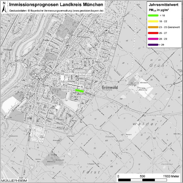 Karte: Immissionsprognosen Landkreis München, Luftqualität Grünwald, Jahresmittelwert Feinstaub (PM2,5)