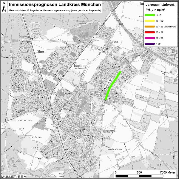 Karte: Immissionsprognosen Landkreis München, Luftqualität Oberhaching, Jahresmittelwert Feinstaub (PM2,5)