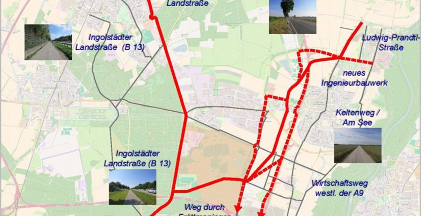 Variante 2: B 13 – Fröttmaninger Heide – Keltenweg – St 2350 (Quelle jeweils SVK 2016) Grafik: Radschnellweg-Variante