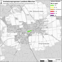 Karte: Immissionsprognosen Landkreis München, Luftqualität Höhenkirchen-Siegertsbrunn, Jahresmittelwert Stickstoffdioxid