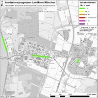 Karte: Immissionsprognosen Landkreis München, Luftqualität Garching, Jahresmittelwert Feinstaub (PM10)