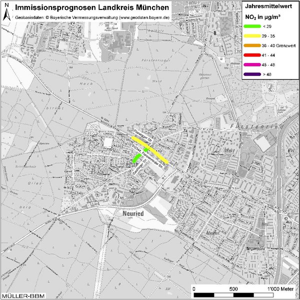 Karte: Immissionsprognosen Landkreis München, Luftqualität Neuried, Jahresmittelwert Stickstoffdioxid