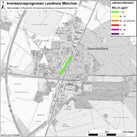 Karte: Immissionsprognosen Landkreis München, Luftqualität Oberschleißheim, Jahresmittelwert Stickstoffdioxid