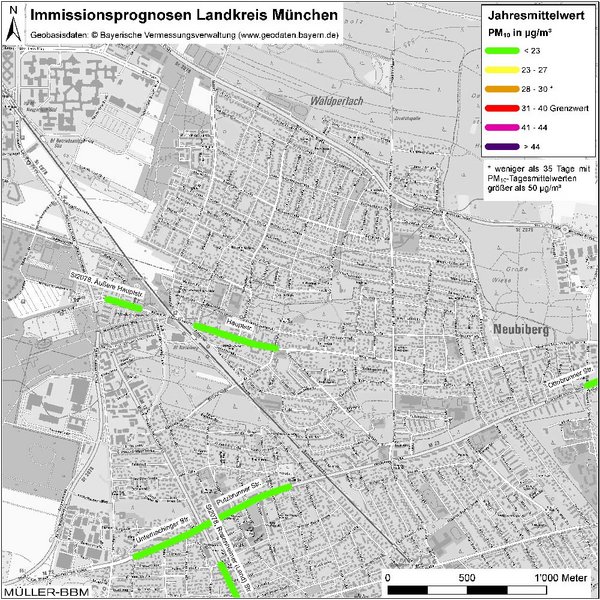 Karte: Immissionsprognosen Landkreis München, Luftqualität Neubiberg, Jahresmittelwert Feinstaub (PM10)