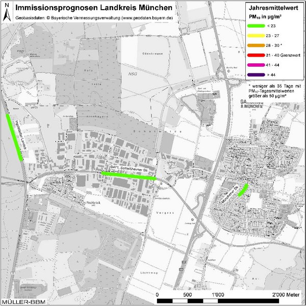 Karte: Immissionsprognosen Landkreis München, Luftqualität Garching, Jahresmittelwert Feinstaub (PM10)