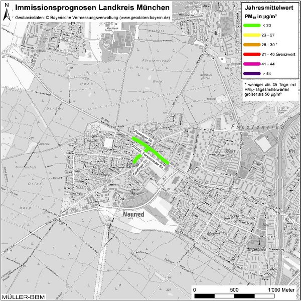 Karte: Immissionsprognosen Landkreis München, Luftqualität Neuried, Jahresmittelwert Feinstaub (PM10)