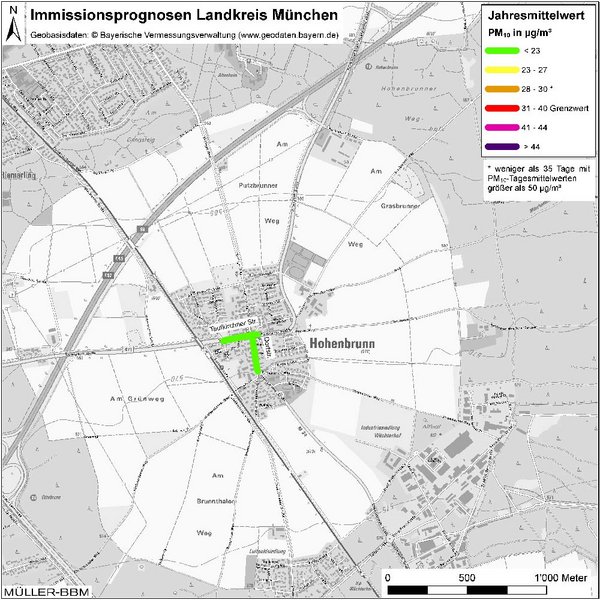 Karte: Immissionsprognosen Landkreis München, Luftqualität Hohenbrunn, Jahresmittelwert Feinstaub (PM10)