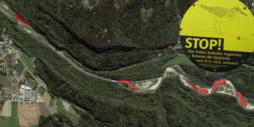 Die roten Bereiche markieren die aktuell gesperrten Kiesbänke und - inseln im Mühltal. Die roten Bereiche markieren die aktuell gesperrten Kiesbänke und - inseln im Mühltal.
