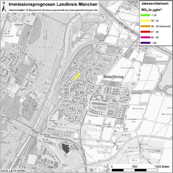Karte: Immissionsprognosen Landkreis München, Luftqualität Unterföhring, Jahresmittelwert Stickstoffdioxid