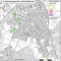 Karte: Immissionsprognosen Landkreis München, Luftqualität Unterschleißheim, Jahresmittelwert Feinstaub (PM10)