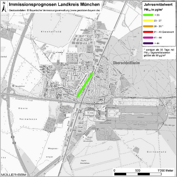 Karte: Immissionsprognosen Landkreis München, Luftqualität Oberschleißheim, Jahresmittelwert Feinstaub (PM10)