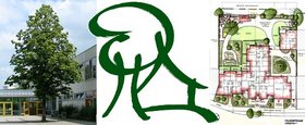 Logo Grünordnung Bilder: ein grüner Baum, eine Baum/Haus Zeichnung und ein Geländeplan