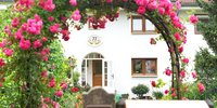 Blick auf weißes Haus mit der Hauseingangsnummer 77 durch einen mit pinken Blumen umwachsenen Garteneingangsbogen  