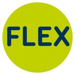 Logo FLEX: Grüner Kreis mit dem Wort "FLEX" in Blau eingefügt.