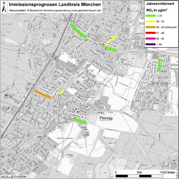 Karte: Immissionsprognosen Landkreis München, Luftqualität Planegg, Jahresmittelwert Stickstoffdioxid