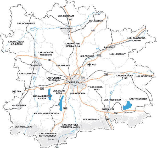 Grafik der Karte der Europäischen Metropolregion München (EEM)